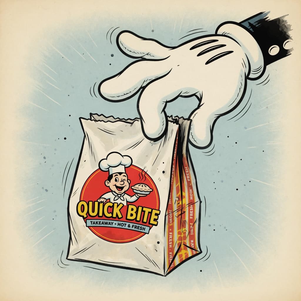 The grabmea gloved hand grabbing a hot takeaway bag
